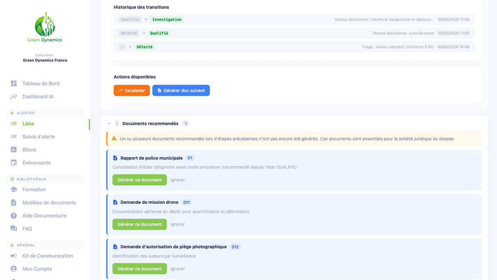 Parcours de traitement Clean4AI avec historique, actions et documents recommandés